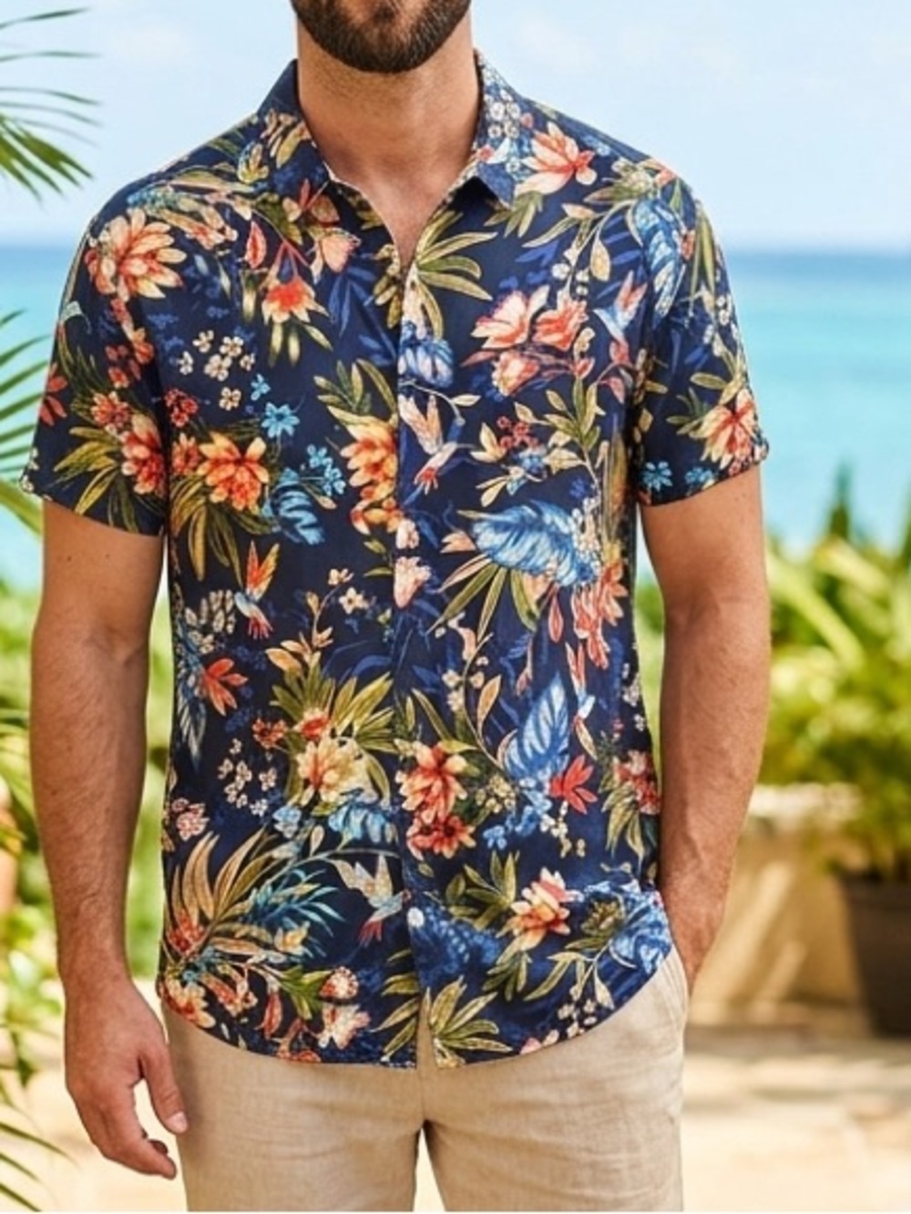 Stradivarius Man Floral Short-Sleeve Button Shirt - Navy Blue large